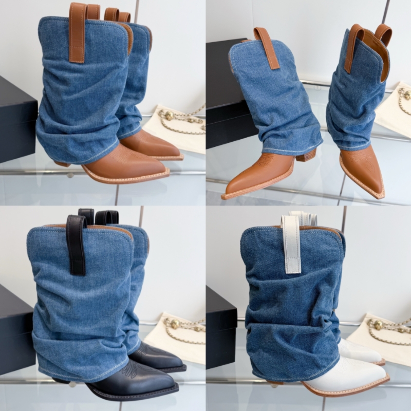 Designer Inspired Women Denim Cowboy Boots High Quality Calfskin Pointed Toe Stacked Heel Slouch Mid-Calf Western Boots Ladies Vintage Pull On Boots