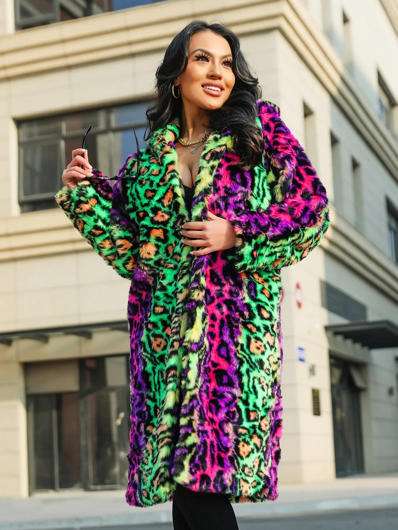 2025 Fashion Colorful Leopard Print Faux Fur Coat Women's Long Hooded Warm Winter Overall Vibrant Streetwear Outwear 260917