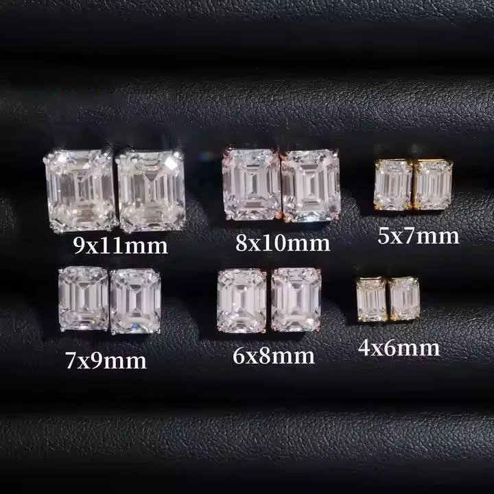 VVS Emerald Cut Moissanite Diamond Earrings 925 Sterling Silver Hip Hop Studs for Men Women