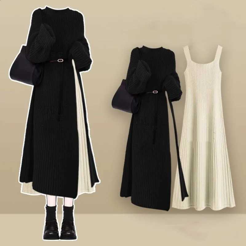 Split Women's Long Spring Autumn Sweater Sling Dress Two Piece Set Lady Graceful Black Knit Clothing Sleeveless Dresses OutfitsW260915