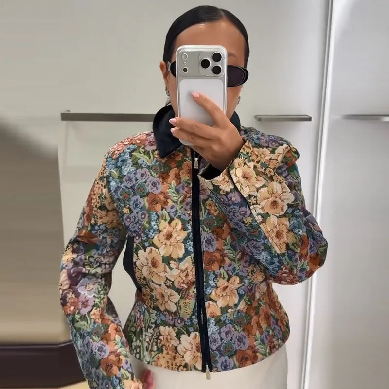 Printed Womens Outerwear Color Contrast Lapel Cropped Jacket Oil Painting Effect Zipper Coat Vintage Jacket Daily Fashion Wear 260916