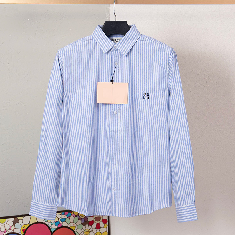 Women Classic Blue Stripe Shirts Luxury Letter Embroidered Button Down Blouse Office Daily Casual Loose Shirt Jacket