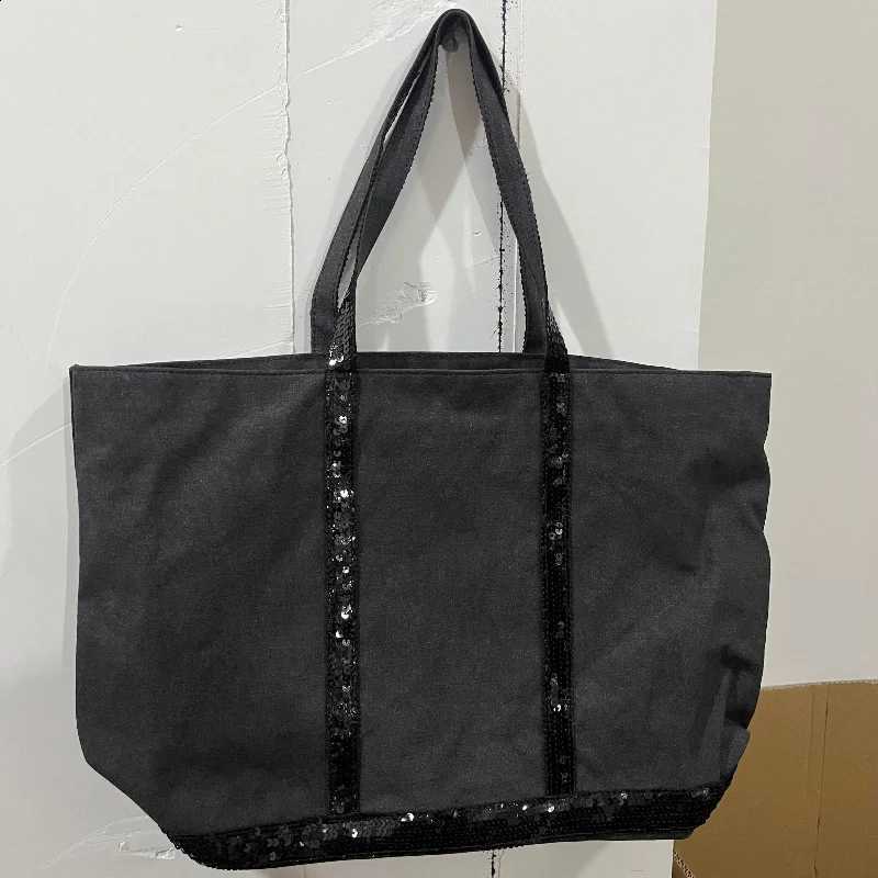 Fashion Canvas Sequined Tote Bag Color-blocked Large Capacity Handbag Women Casual Versatile Shopping Bucket Bags H260916