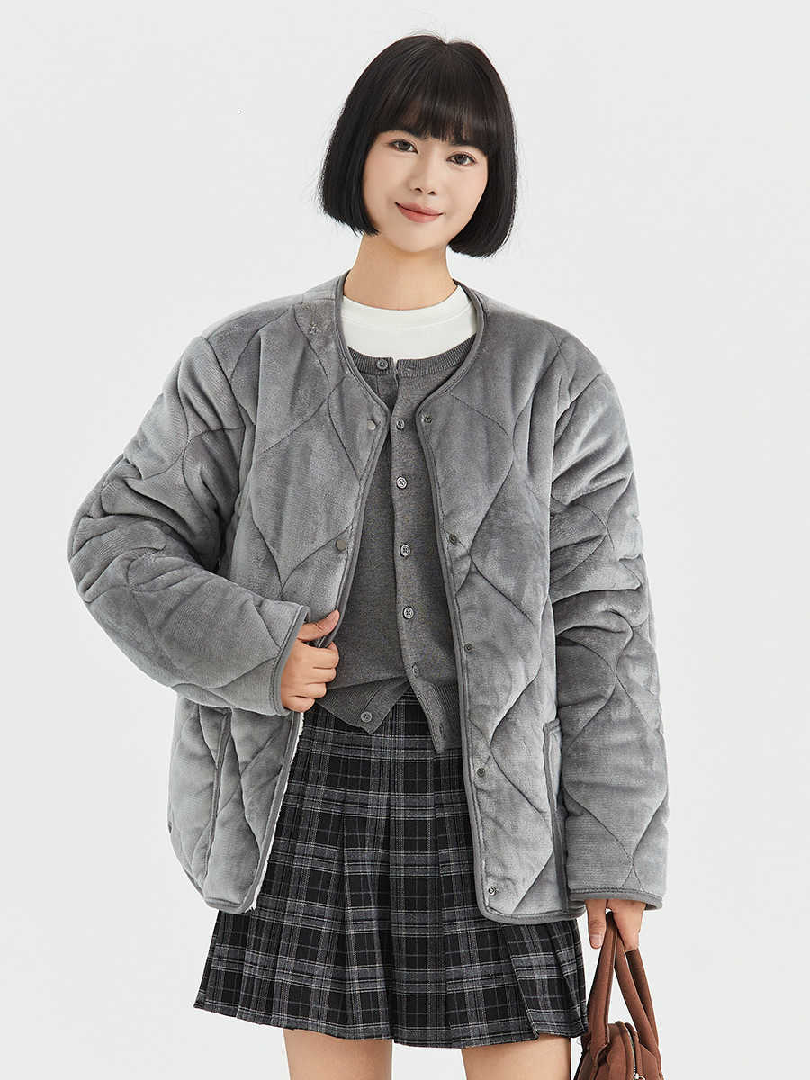 For Winter Coat Simple Fleece Women Solid Color Round Neck Thicken Velvet Jacket American Casual Fashion Quilted Warm Overcoat H260917