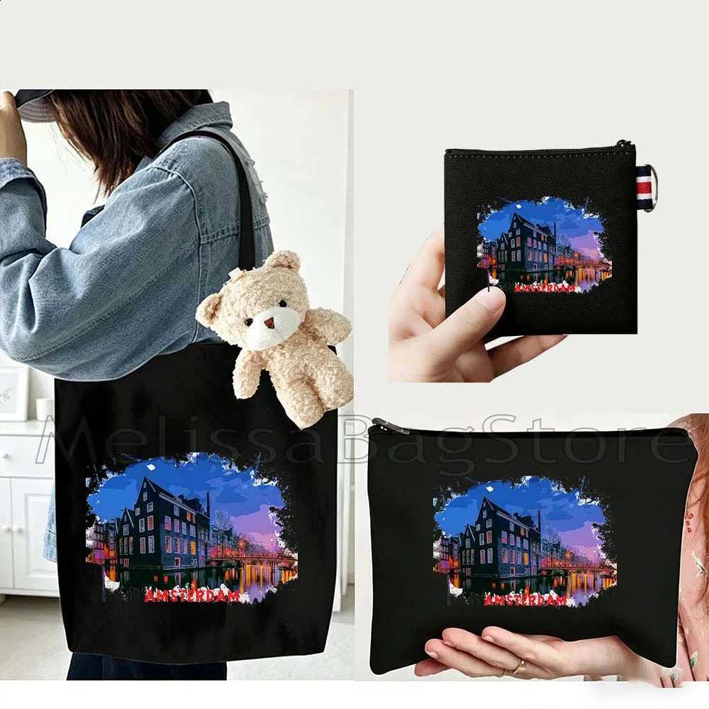 4PCS Gift Set Amsterdam Netherlands Black Canvas Tote Bag Handbag with Doll Key Coin Purse Cosmetic Makeup Toilet Bag Case Pouch H260916