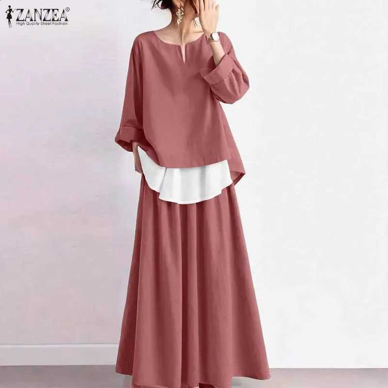Sets ZANZEA Women Fashion Dress 2026 Autumn Long Sleeve Color Patchwork Tops and Maxi Skirts Elegant 2pcs Casual Street OutfitsW260915