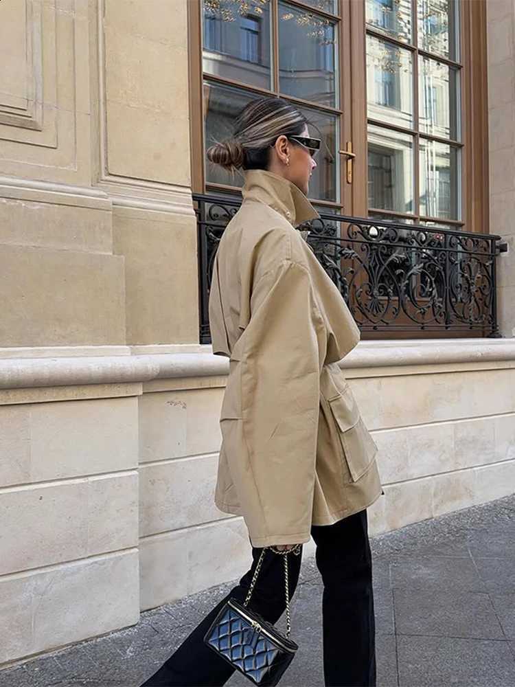 Overcoat Khaki Oversized Women Belted Chic Lace Up Long Sleeve Pockets Stand Collar Windbreaker Autumn Lady Daily Street D2609091