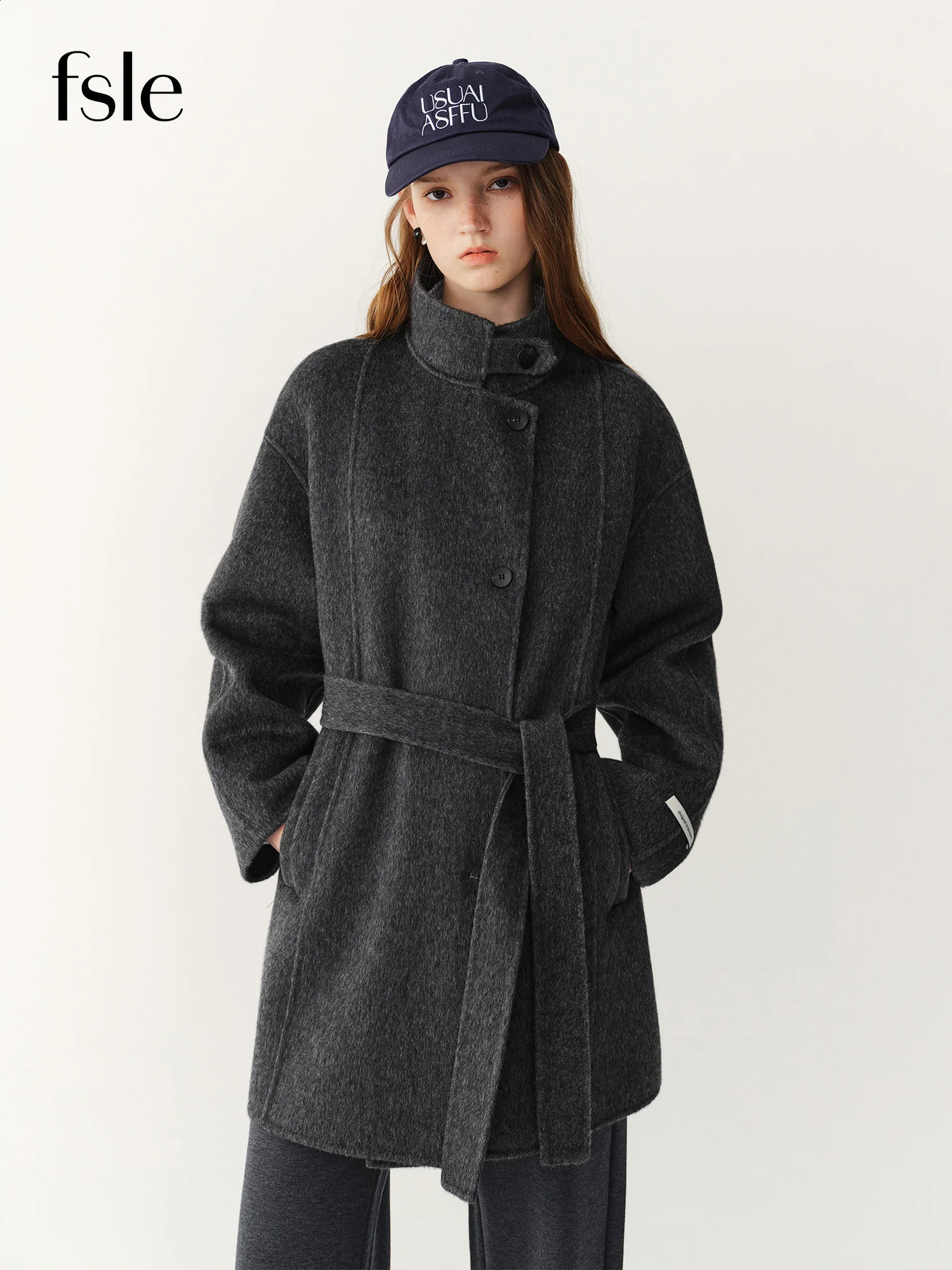 FSLE 2026 Winter Womens Chic Versatile Stand Collar DoubleFaced Pure Wool Cropped Coat Elegant Outerwear for Daily Wear 260916