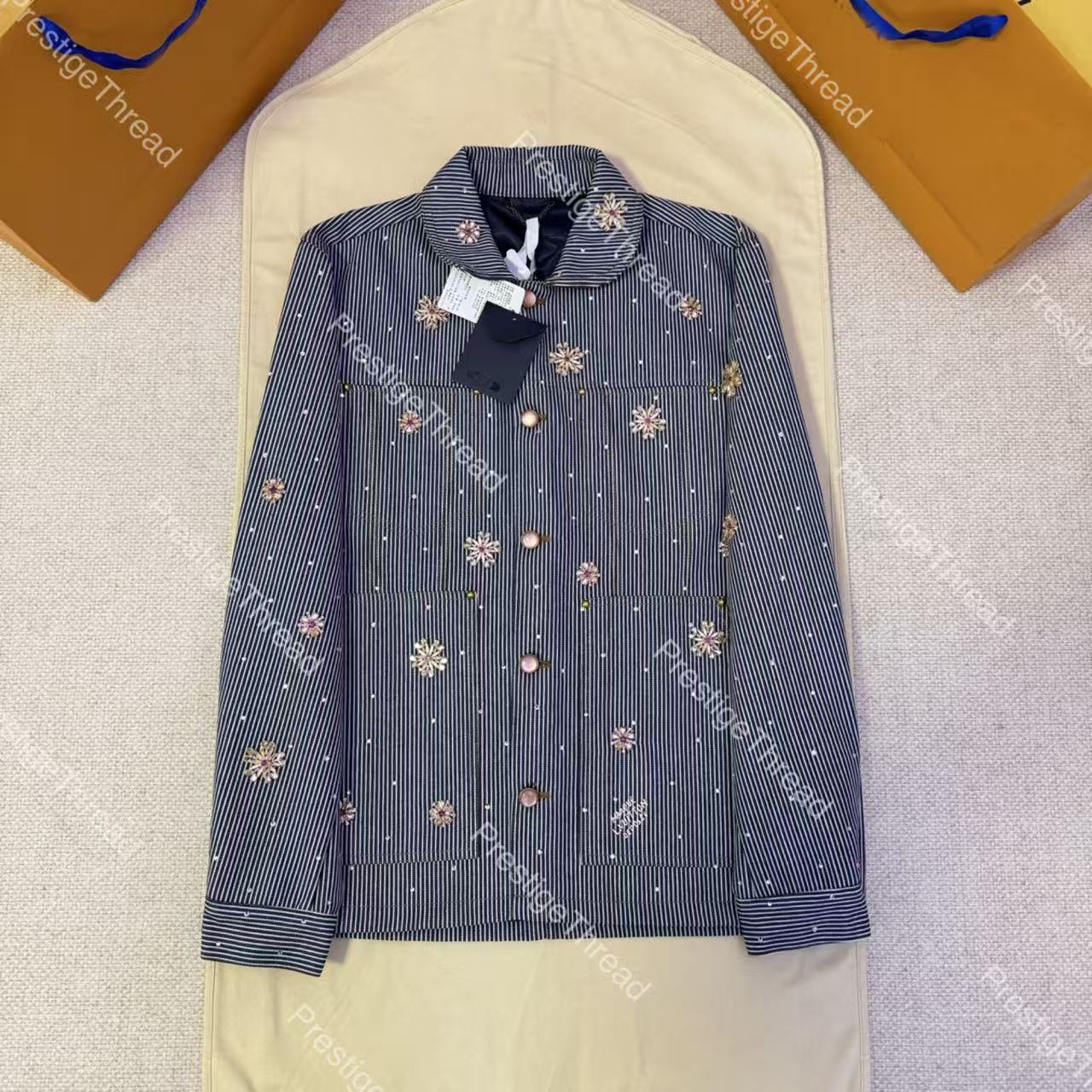 Designer Men's Jackets Striped Cherry Blossom Rhinestone Denim Jacket Embroidered Heavy-Duty Fashion Outfit