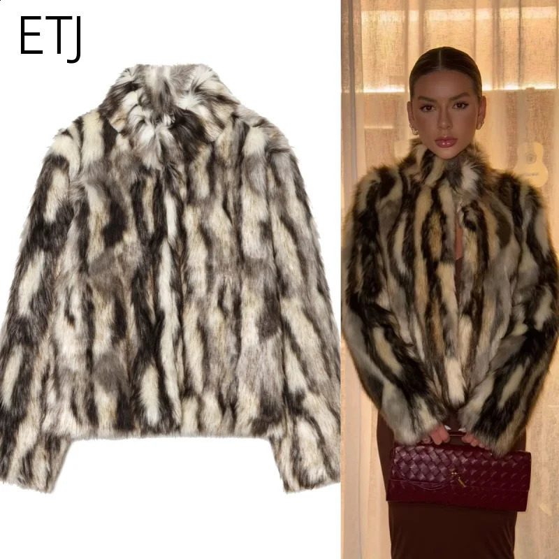 ETJ 2025 winter women's fashion animal print natural color fur standing collar jacket warm short coat 260917