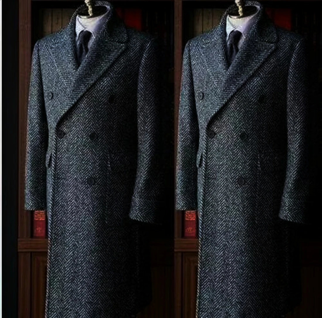 Winter Men Trench Coat Long Dark Gray Herringbone Wool Blend Double Breasted Suit Jackets Groomsman Overcoat Casual Man Blazer 260916