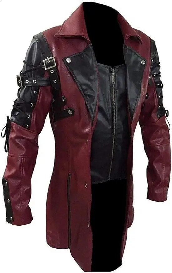 Steampunk Men's Gothic Trench Coat Leather Jacket Punk Style Biker Jacke Autumn Winter Motocycle Jacket260916