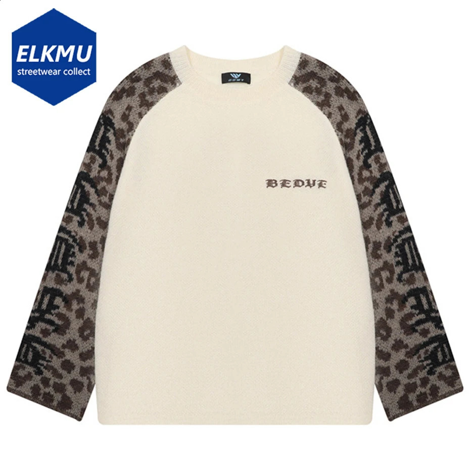 Leopard Patchwork Sweaters Men Streetwear Harajuku Hip Hop Oversized Y2K Sweaters Knit Pullover Jumper Unisex Sweater Knitwear 260917