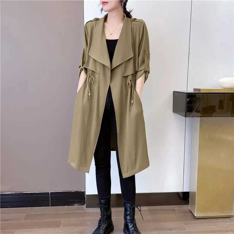 Lapel Windbreaker Coat Female BlackLarge 2025 Spring Autumn New Waist Slim Long Coat Fat Sister Lace-Up Trench Coat high-quality D2609091