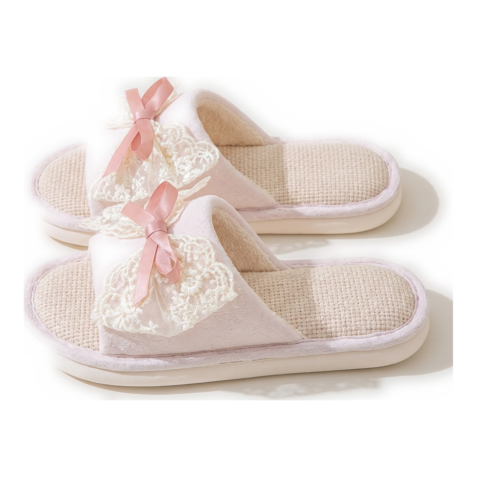 Linen Open Toe Slippers Women, Lace Bow Summer Indoor Slides, Breathable Cotton Hemp Lady House Shoes, Wholesale Bulk