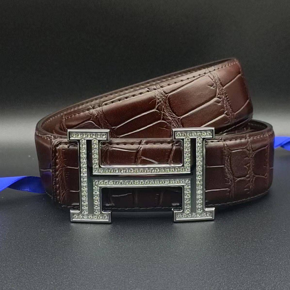 Men's crocodile-patterned, diamond-studded letter buckle belt, made top-grain leather, 3.5cm wide, with smooth buckle, suitable for business at
