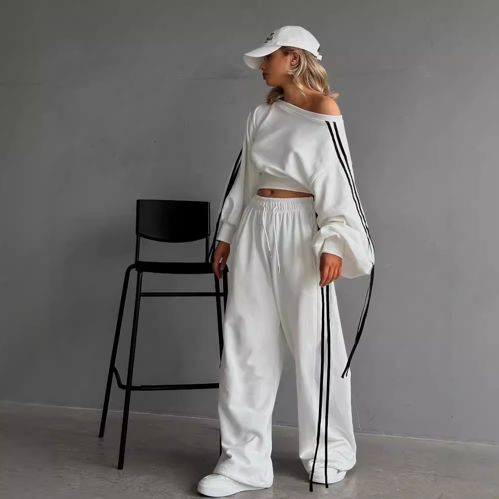 fashion casual autumn winter sports two-piece set with ribbed pullover sweatshirt and high-waisted loose long pants 2024 88