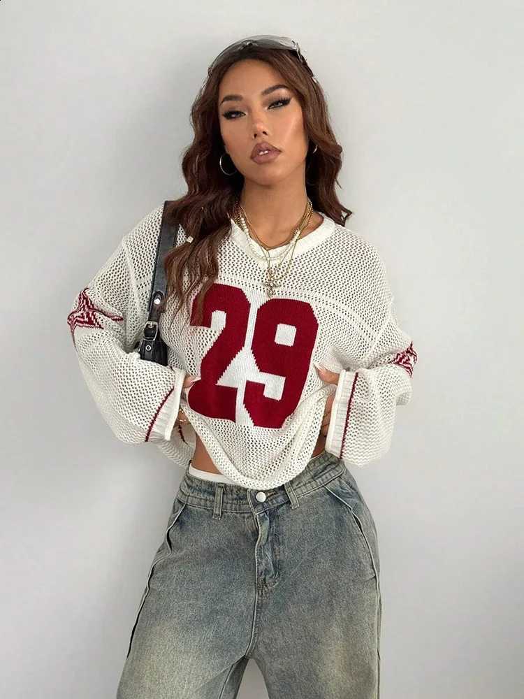 Y2K Style Sports Jersey Women's Knitted Tops Fashionable Digital Printed Round Neck Long Sleeve Jumper 2025 Summer Street Trend X260916
