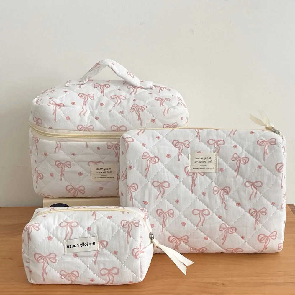 Style Fashion Korean Cosmetic Bag Multi-size Zipper Travel Storage Bags Pink Bow Plaid Makeup Quilted Bag for Women GirlsT260917