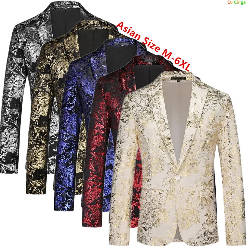 2026 Mens Long Sleeve Blazers Asian Size Gold Printed Party Suit Jacket Red Blue Silver Available Coats 260917
