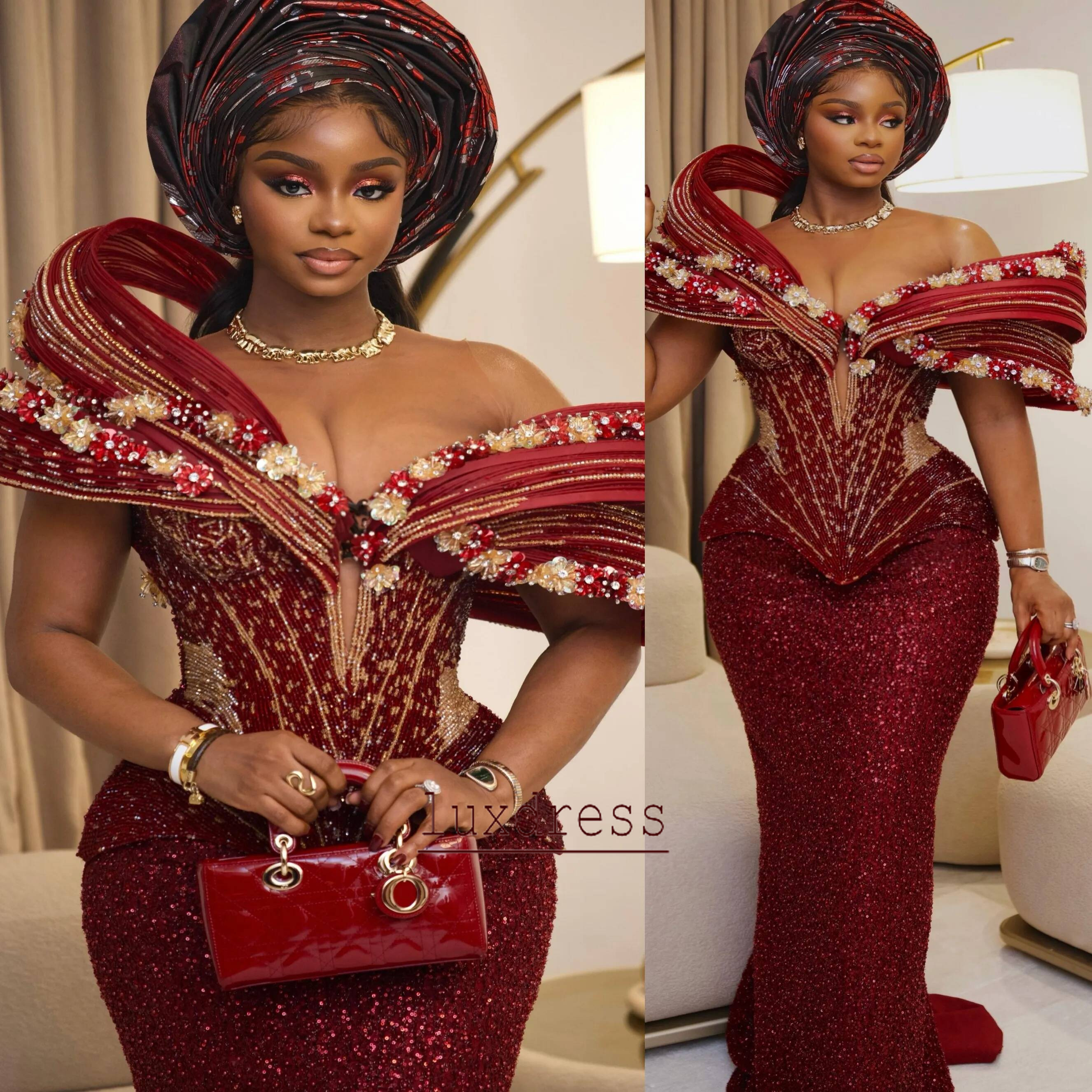 Aso Ebi African Burgundy Sheath Prom Dress 2026 Beaded Flowers Stylish Evening For Black Women Birthday Party Formal Reception Gowns Dresses