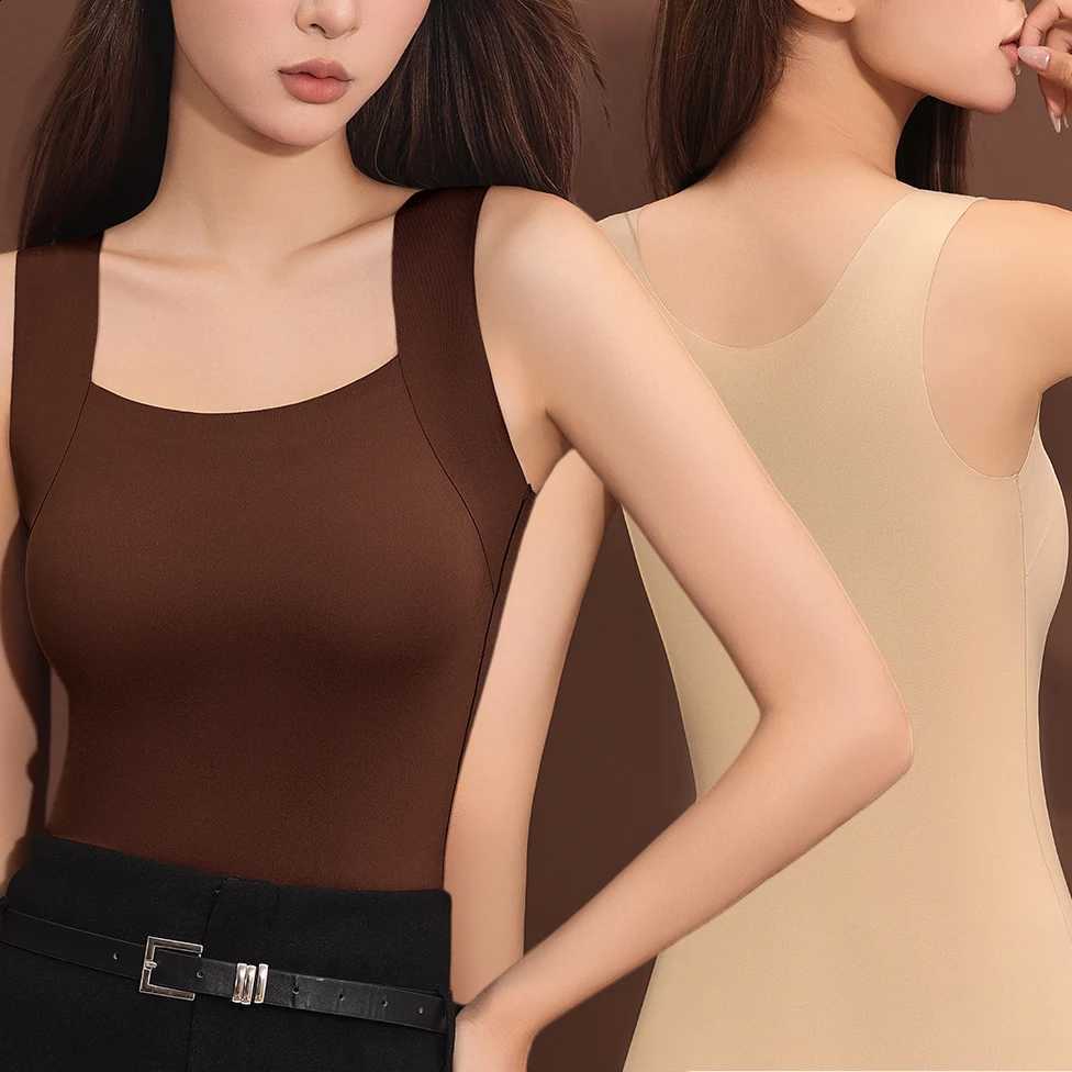 Women's Seamless Thermal Underwear Top with Fixed One-Piece Chest Pads Warm Vest for Autumn Winter Solid Slim Sleeveless Tops H260916