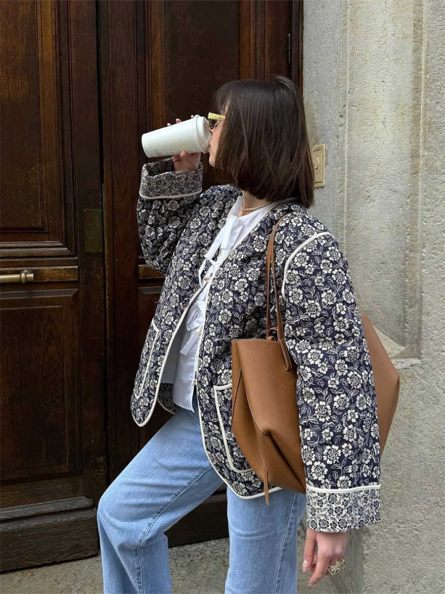 Cotton Women'S Bohemian V-Neck Printed Jacket Double-Sided Printed V-Neck Long Sleeved Button Down Jacket With Pockets H260917