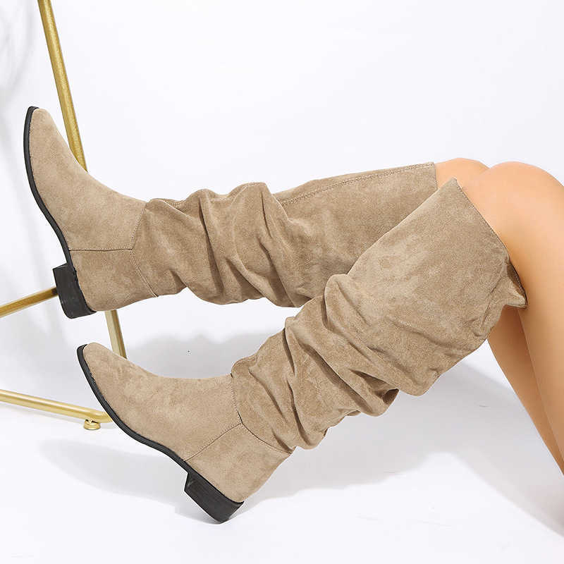 Pleated Quality New Boots High Women Black Nude Faux Suede Flock Knee High Boots Ladies Flat Autumn Winter Dress Shoe D260917
