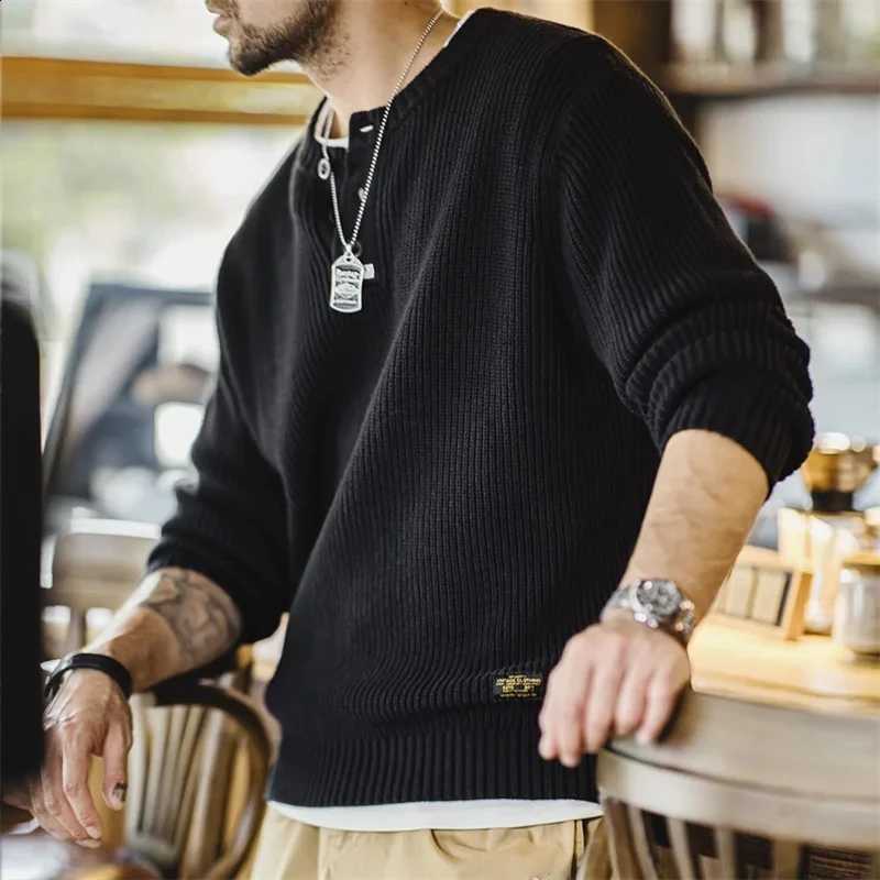 Workwear American Retro Black Maden Knitted Henley Shirt Vertical Stripe Pullover Sweater for Men Autumn and WinterW260915