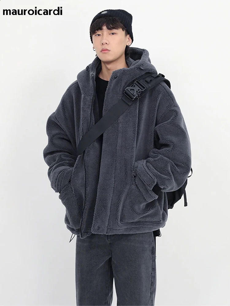 Mauroicardi Winter Thick Warm Oversized Dark Grey Sherpa Jacket Men with Hood Zip Up Fluffy Loose Casual Faux Lamb Fur Coat 260917