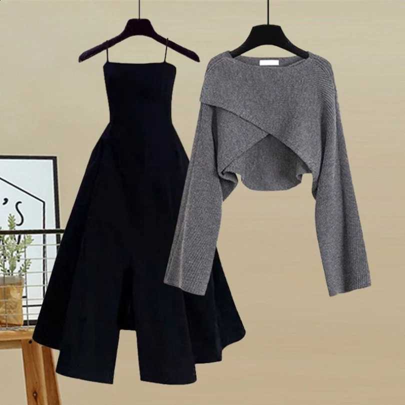 and Autumn Set Women's Spring 2023 New Korean Fashion Cross Knitted Sweater Age Reducing Sling Dress Two Piece SetW260915