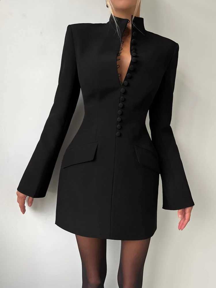 New Elegant Spring Fashion Office Style Dress Woman Button Pocket Decoration Stand Collar Simple Full Sleeve Casual Mini Bodycon C260917