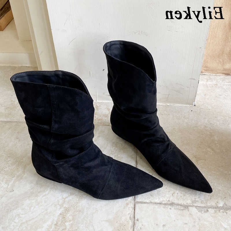 Eilyken Vintage Height Increasing Woman Ankle Boots Designer Pleated Pointed Toe Shoes Autumn Winter Botas Feminina D260917