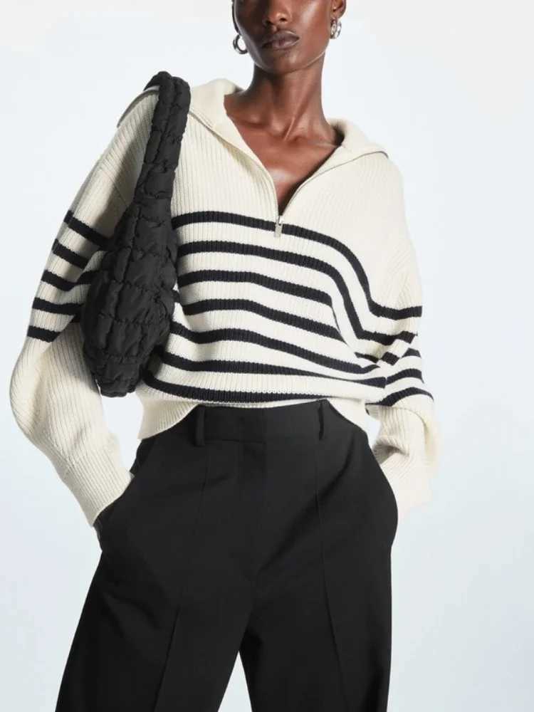 Women's Turtleneck Loose Lapel Striped Knitwear Women Pulovers New Simplicity Half Zipper Casual Fashion Women Sweaters 2025 S260917PKPJ