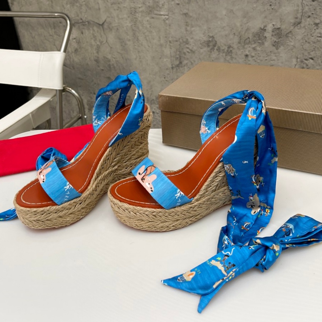 Fashion Luxury Womens Silk Ribbon Wedge Sandals Espadrille Ankle chunky heel slippers Summer Beach slies Bohemian Beach Designer Platform Shoes