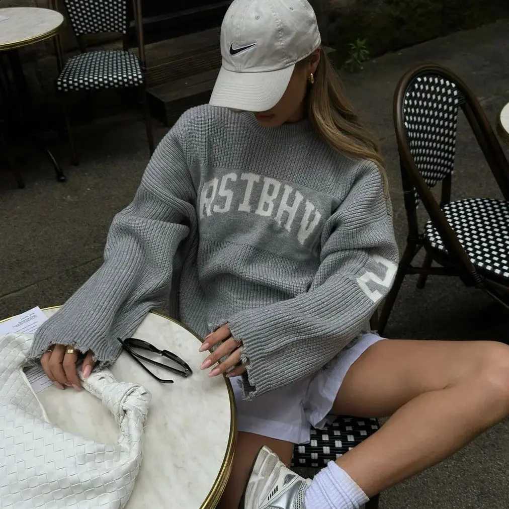 Jacquard Trendy Loose Letter Knitted Pullover Women's 2025 Autumn New Highstreet Gray Black Soft Sweater Hottie Versatile Pieces J260916