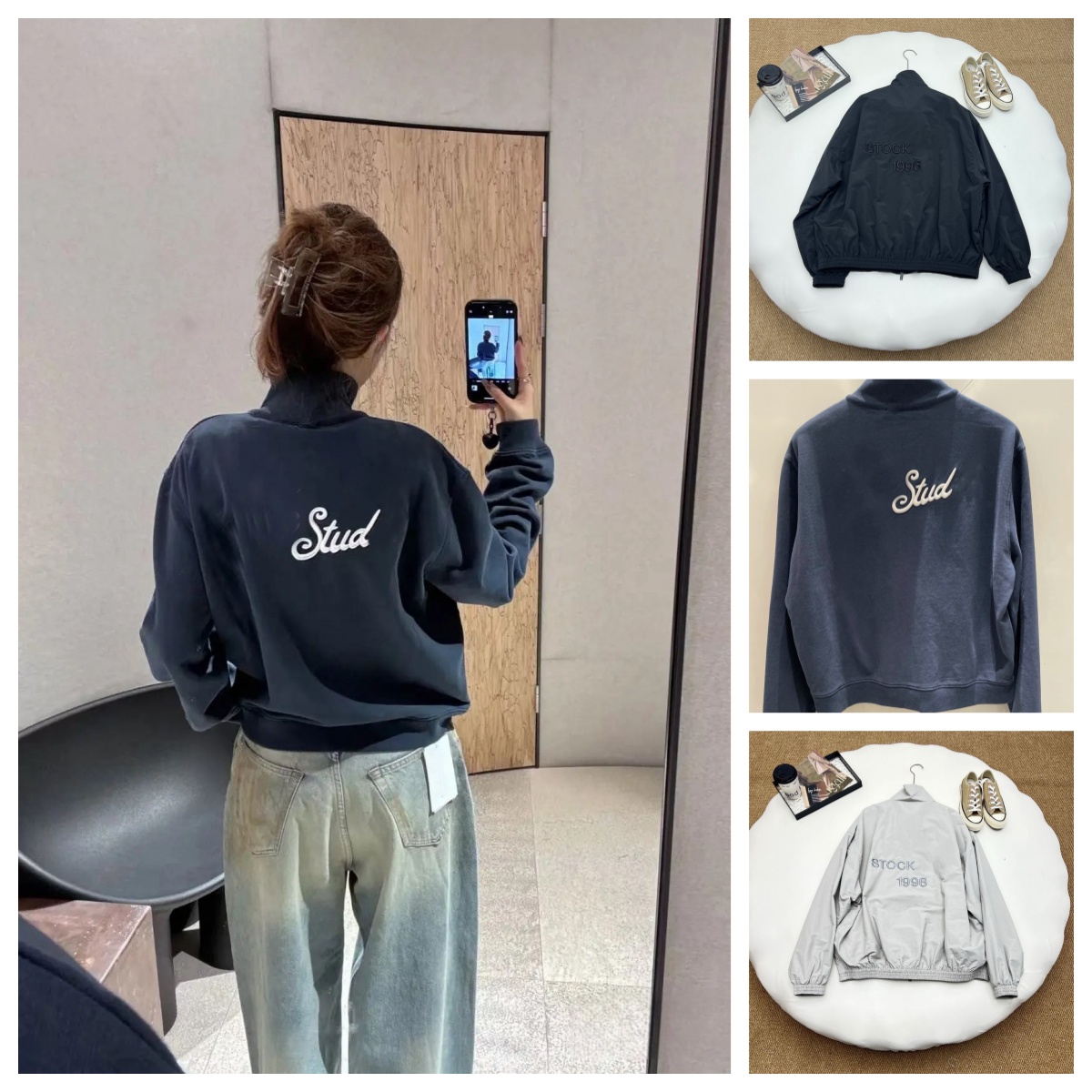 Women's Designer 3D Embroidered Jacket - Distressed Letter Logo Print Collared Hoodless Long Sleeve Coat