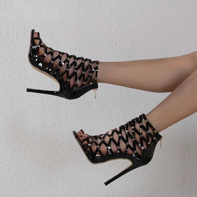 Aneikeh Sexy Punk fa1 Hollow Out Sandals Boots Summer Women Peep Toe High Heel Ankle Strap Zipper Party Shoes Black D2609171