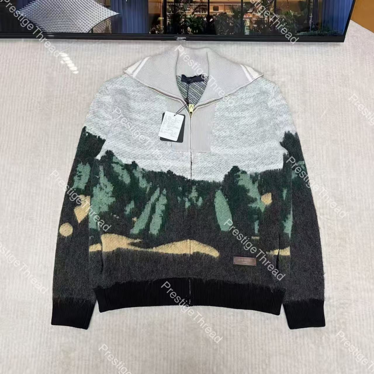 2026ss Forest Landscape Jacquard Zip-Up Stand Collar Knit Sweater Jacket with Letter Logo Men's Sweaters