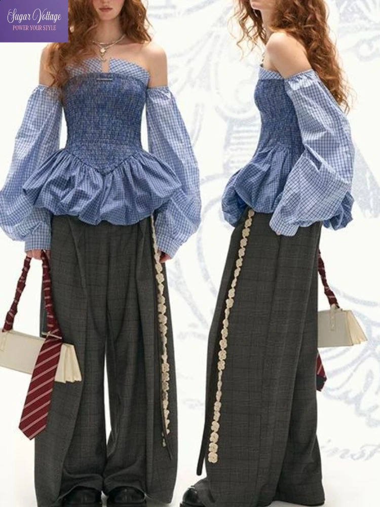 American Retro Fashion Elegant 2 Piece Set Women Slim Fit Blue Plaid Tops High Waist Wide Leg Pants Y2K Streetwear Emo Outfit 260917