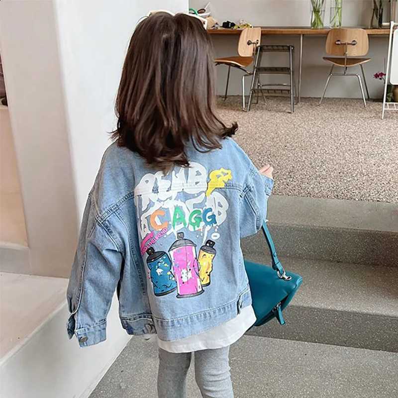 Girls Denim Teen Jacket 2026 Spring Autumn Kids Fashion Print Lapel Single Breasted Long Sleeves Coat Children Outerwear TopsT260916