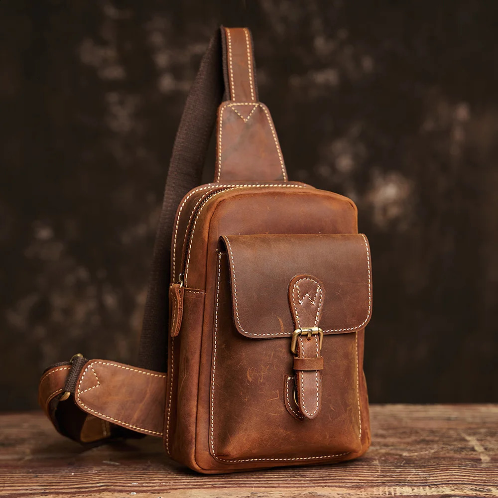 NUPUGOO Genuine Leather Chest Bag Vintage Men's Crossbody Casual Shoulder Daily Commute Small Satchel 260917