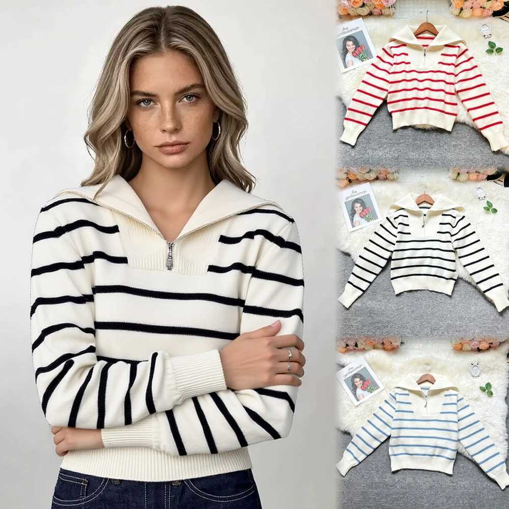 YuooMuoo Korean Fashion Zipper Fly Pullover Tops Women 2026 New Autumn Casual Stripes Knitted Hoody Sweaters Strtwear Shirts S260917TWXO