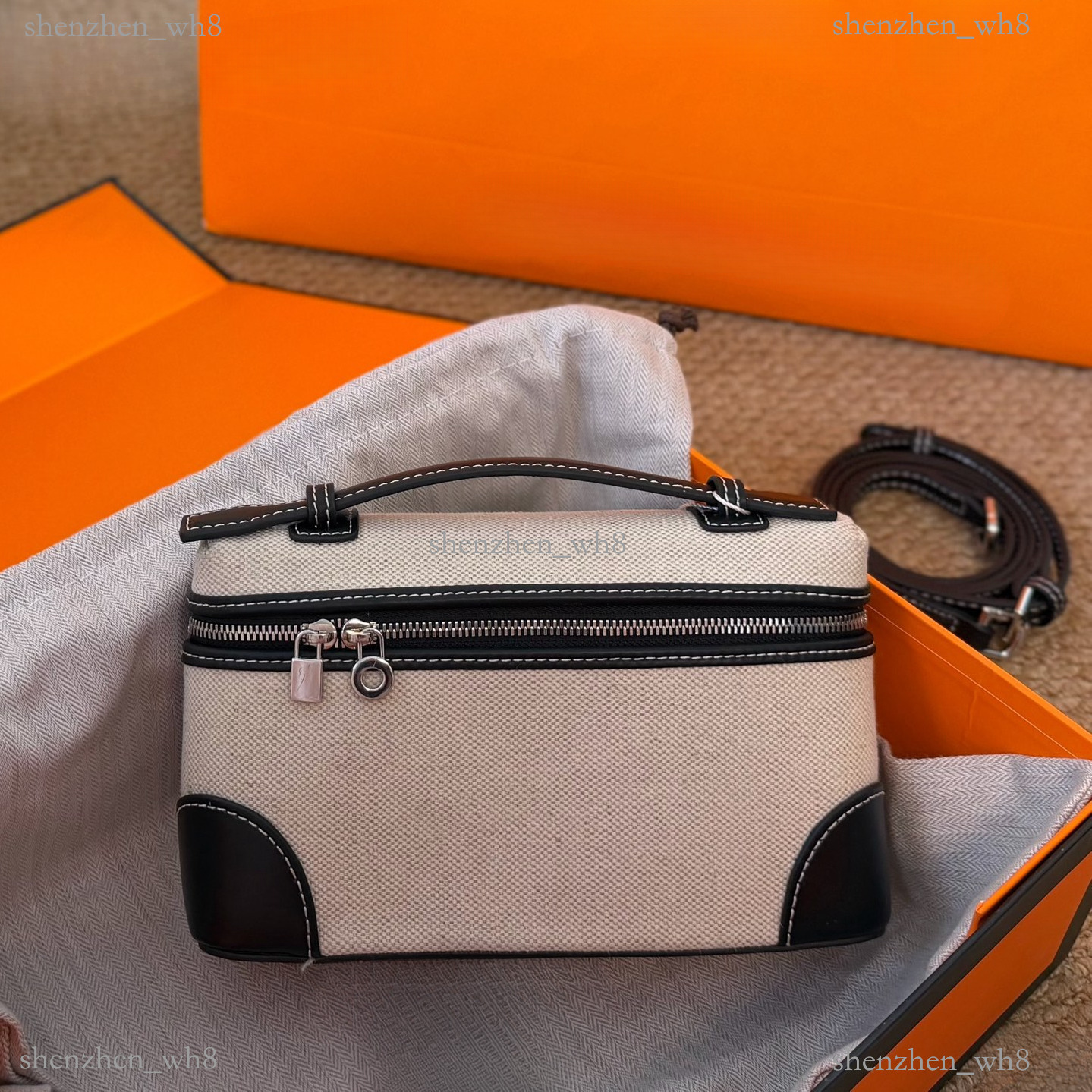 High quality Cross-border bestseller L 19 lunch box bag 2026 genuine leather P 19and canvas combination makeup bag handbag with a high-end feel smal