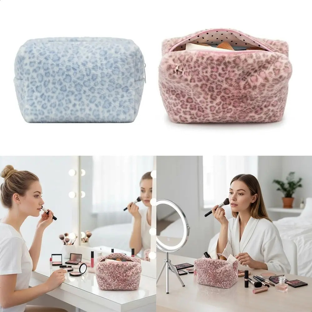 Multifunctional Fuzzy Makeup Bag Large Capacity Portable Cosmetic Leopard Print Toiletry Organizer Women 260917