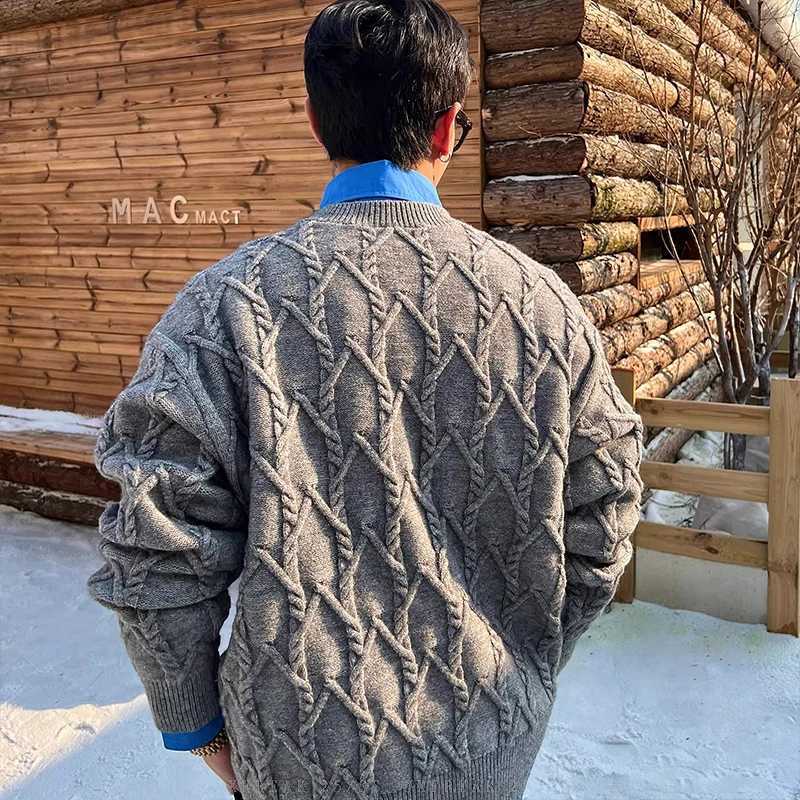 Men Luxury Knitted Sweater Autumn Long Sleeve Solid Color Argyle Jacquard Casual O-neck Pullovers Old Money Style Retro Knitwear J260916