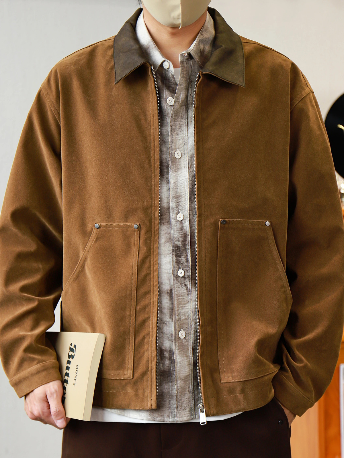 Amekaji Giacca in pelle moto da uomo in pelle scamosciata marrone scuro con risvolto in pelle scamosciata marrone scuro per uomo Cappotto chic stile