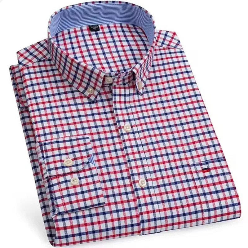 Men's Versatile Casual Checkered Oxford Cotton Shirts Single Pocket Long Sleeve Standard-fit Button Down Gingham Striped 7XL 6XL 260916