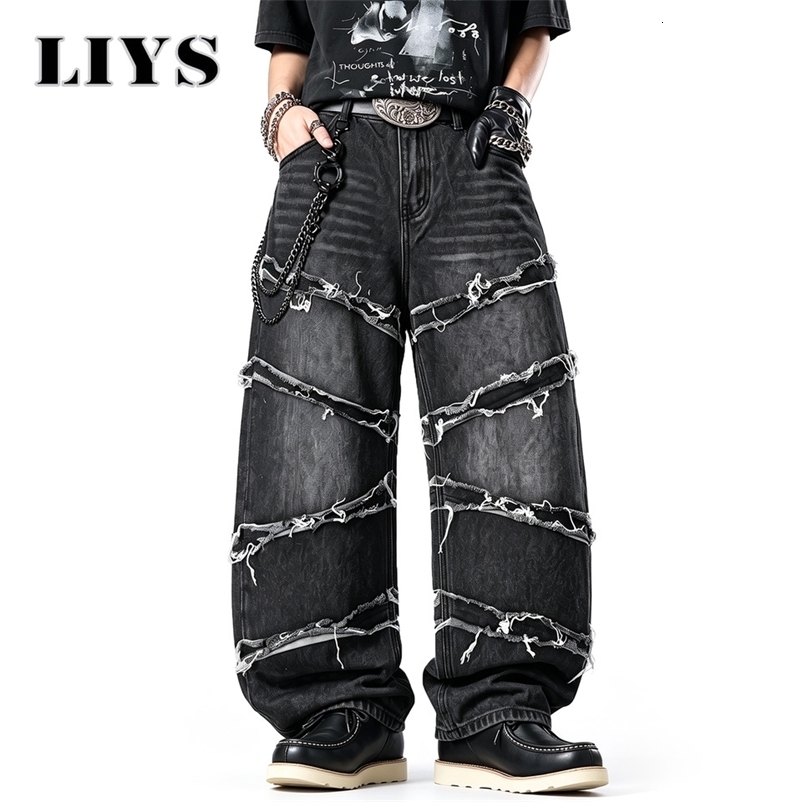 LIYS Men's Gothic Baggy Jeans Raw Frayed Edge Deconstructed Patchwork Wide Leg Denim Pants Y2K Punk Streetwear Trousers 260915CJ