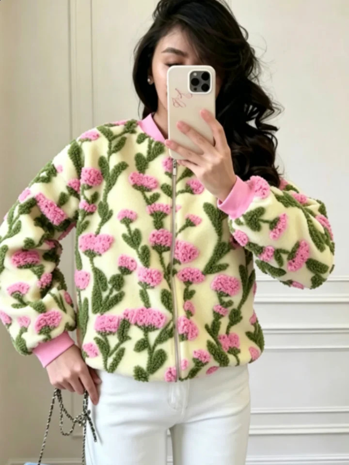Glam 3D Floral Print Cropped Jacket Women Ribbed Cuff Stand Collar Zip Up Oversized Short Coat 2026 Elegant Daily Streetwear 260917